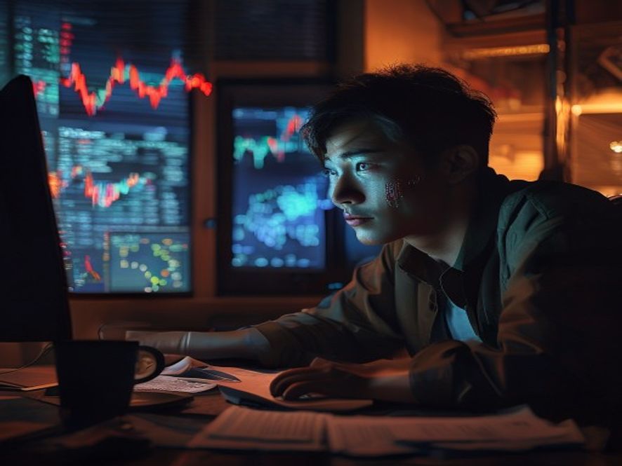 年轻交易员盯着电脑屏幕上显示巨额亏损的K线图,神情紧张,办公室环境昏暗