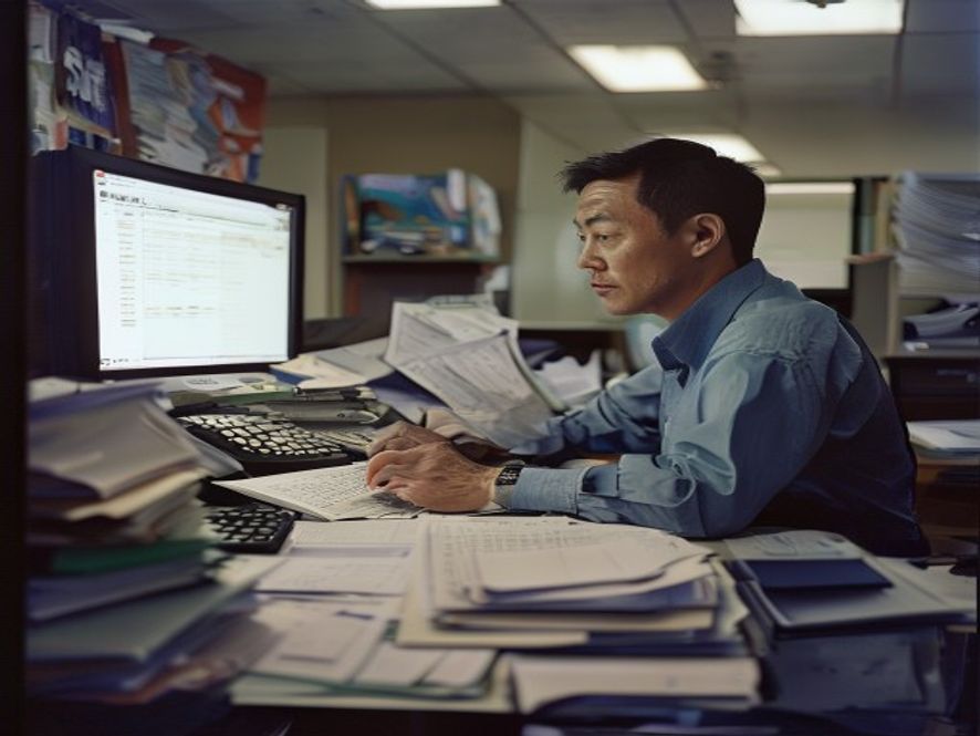 职员在老旧办公室里手动复制粘贴Excel数据