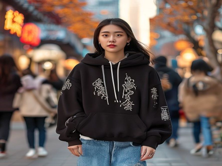 成都太古里,一位穿黑色卫衣绣彝族马缨花纹样的年轻女性,搭配牛仔裤和小白鞋