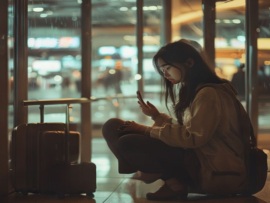 一个年轻女生蹲在机场角落,紧张地查看手机上的旅行攻略,行李箱放在旁边