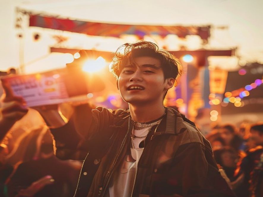 一名年轻男子手里拿着音乐节门票,在户外音乐节现场欢呼,人群和舞台背景