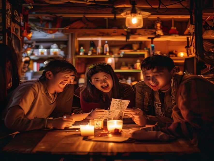 一群年轻人在剧本杀店里围坐讨论,桌上摆着角色剧本和线索卡片