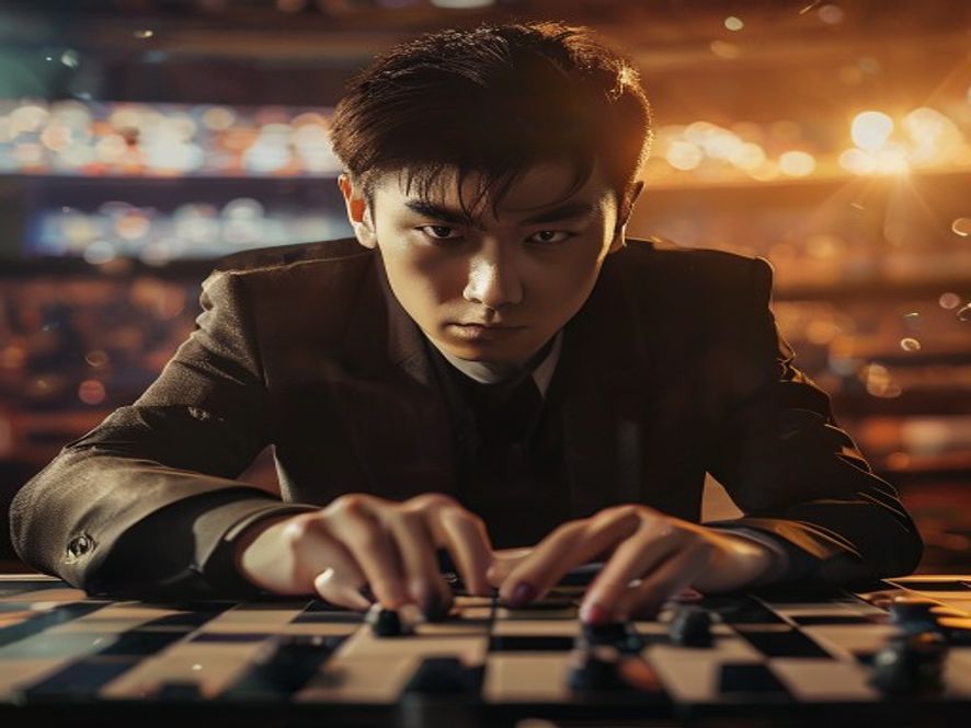 柯洁在决赛中紧盯着棋盘,手悬在棋子上,背景屏幕显示1%胜率