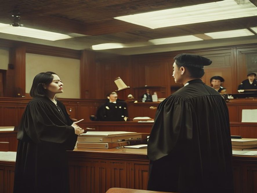 法庭内法官敲下法槌,被告席上站着一位中年妇女