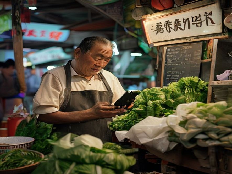 菜市场摊主看着油价新闻,准备修改青菜价格牌