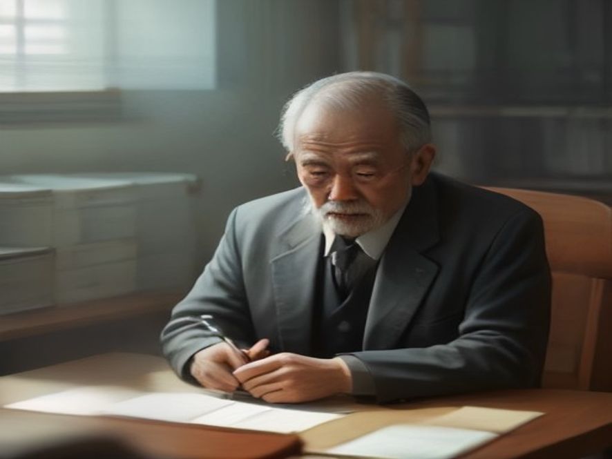 丈夫在律师办公室拿着病历和手机,律师正在整理文件