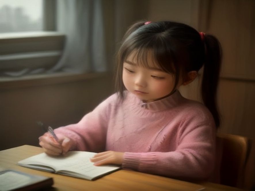 小女孩在灯下写作文《我的爸爸》,母亲在旁边温柔陪伴