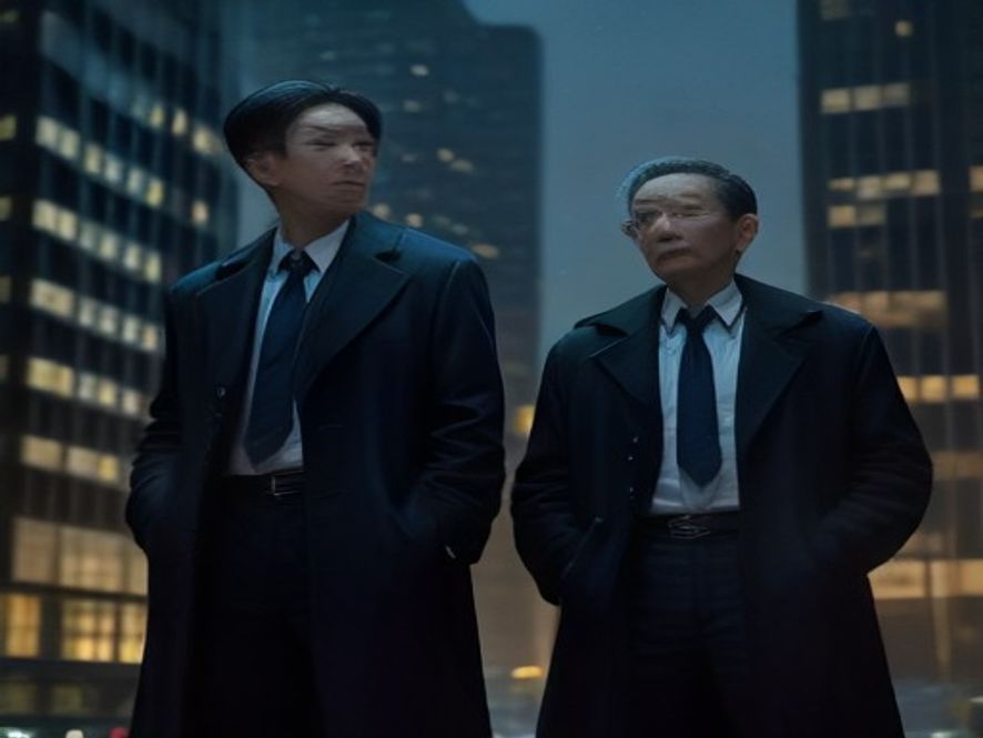 两位中年职场人站在办公楼前,神情疲惫又带着不甘