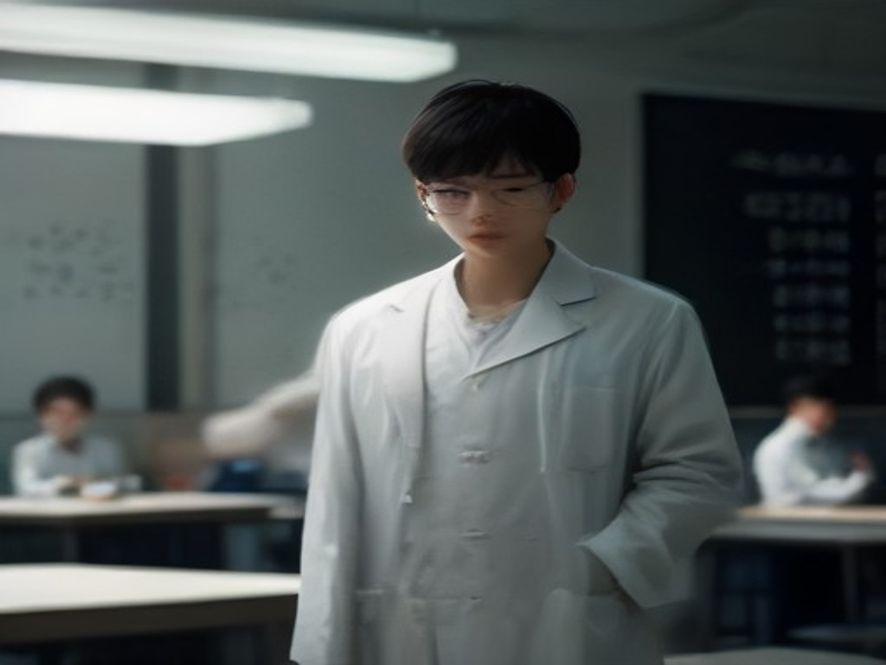 一名大学物理系学生在实验室里与教授讨论实验数据,背景是光学仪器和写满公式的黑板