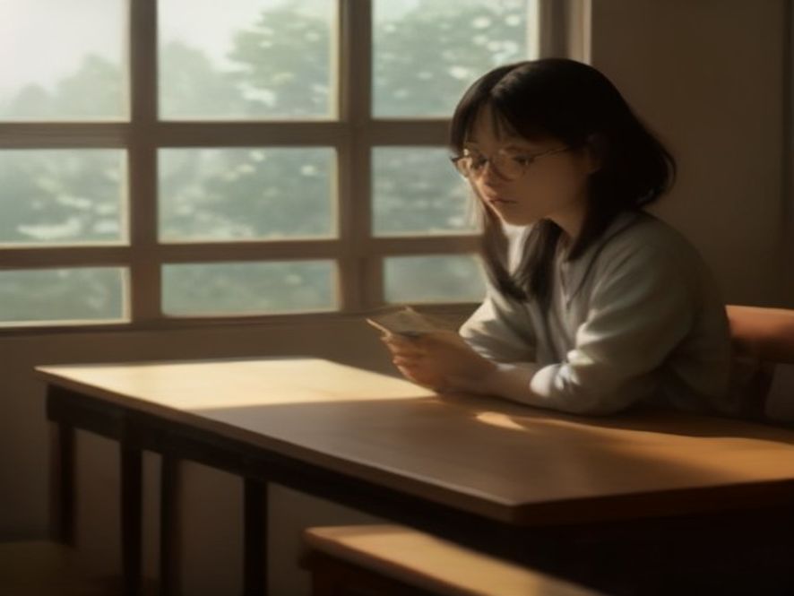 一个中国学生拿着大学录取通知书,坐在书桌前若有所思,桌上放着一摞物理教材
