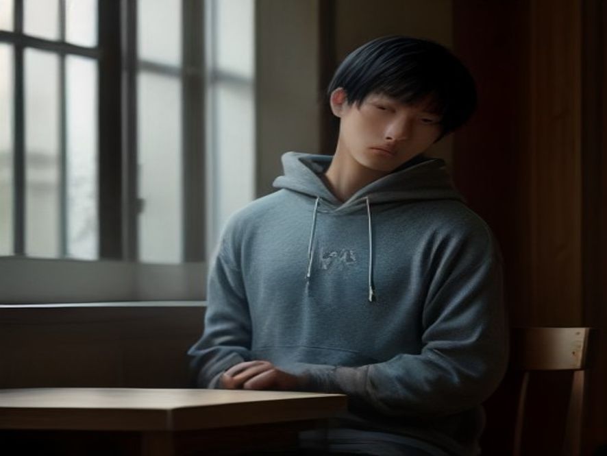 少年在法律书籍和法官面前低头思考,体现刑事责任年龄下调