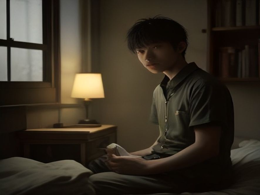 弟弟独自在昏暗房间里拿着当年的落榜通知,脸上写满委屈