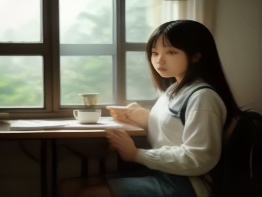 贫困生女生在书桌前对镜整理头发,桌上放有助学金汇款单和奶茶
