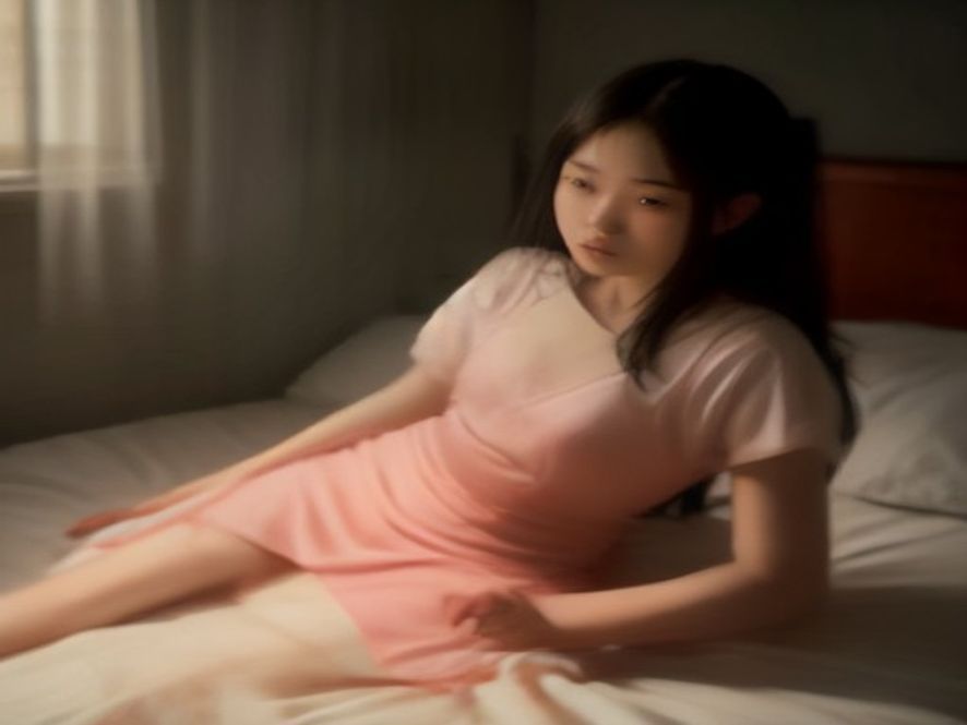 女生低头红着眼眶捏着借来的裙子坐在宿舍床边