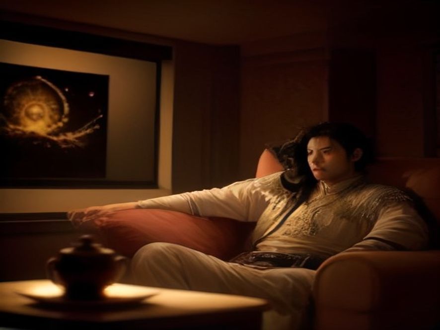 中年男人独自看《大话西游》投影,身旁放着旧照片