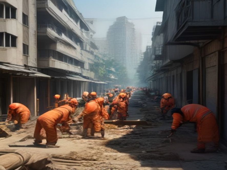 小区地下供冷管网施工现场,工人正在铺设管道