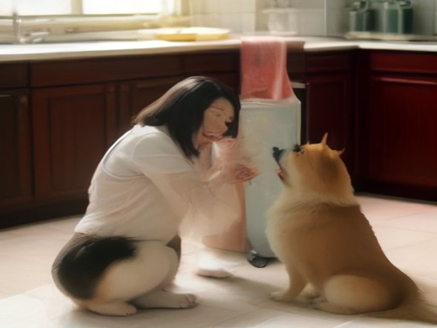 女主人把湿粮冻成的冰棒喂给柯基,狗子开心地啃着解暑零食