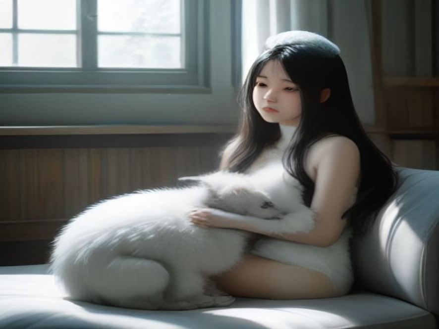 女主人坐在客厅沙发上给哈士奇梳毛,地上满是脱落的狗毛团