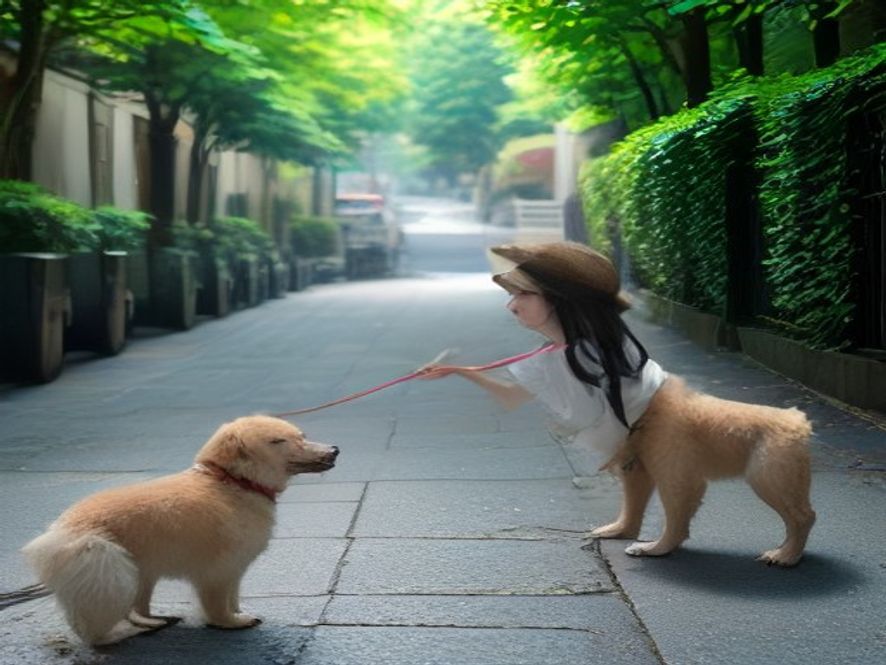 炎炎夏日,女主人无奈地拉着牵引绳,狗子却热得趴在人行道上喘气